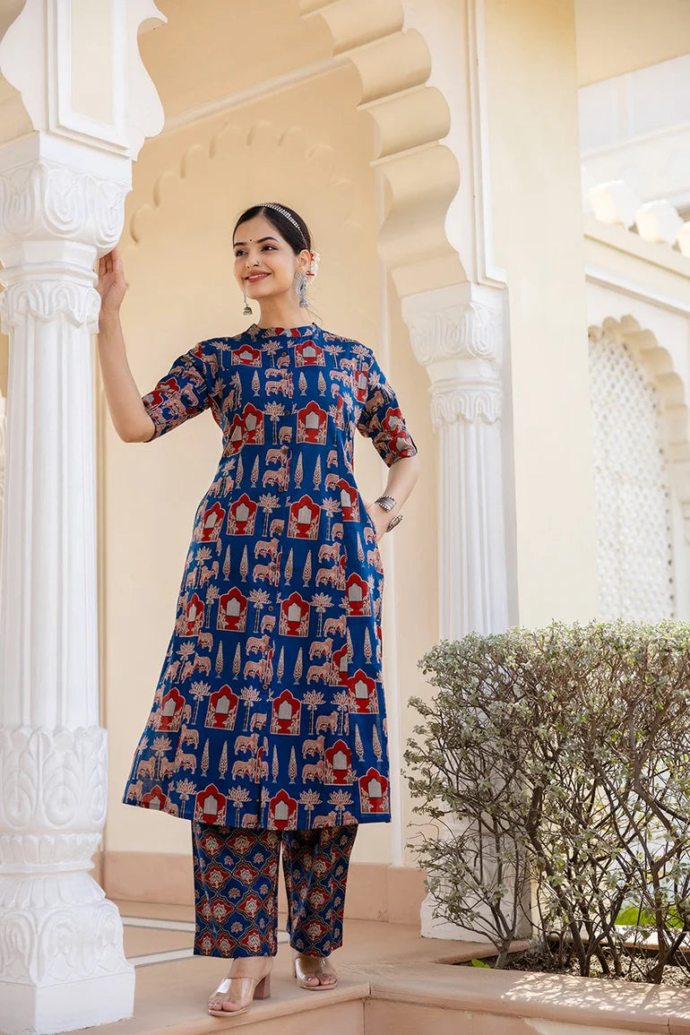 Royal Blue Block Printed Cotton Co-Ord Set