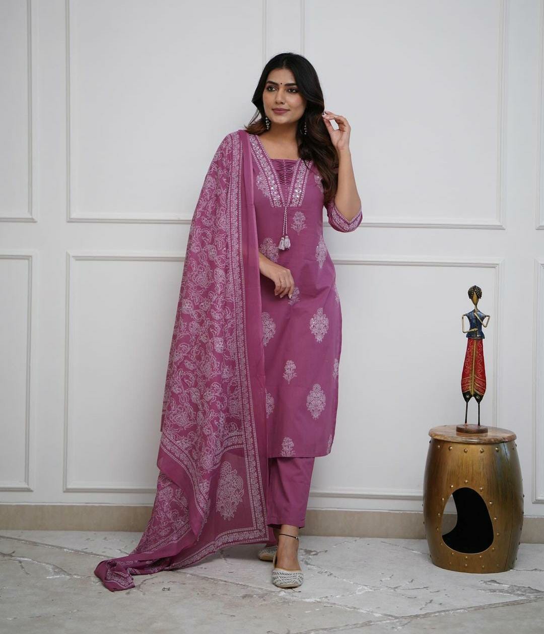 Purple Hand Work Straight Kurti Pant With Malmal Dupatta
