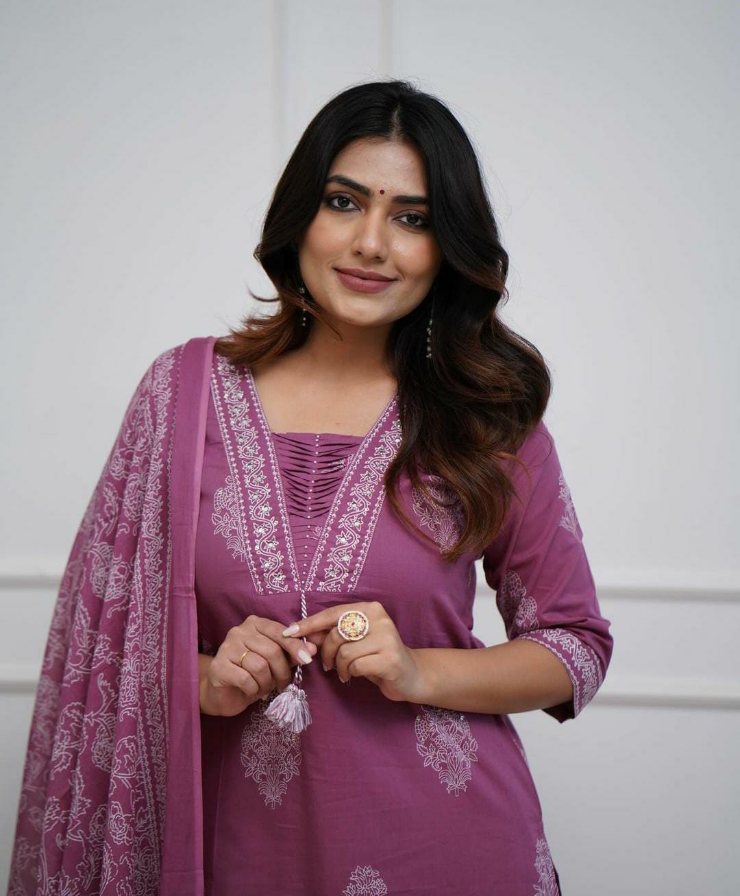 Purple Hand Work Straight Kurti Pant With Malmal Dupatta