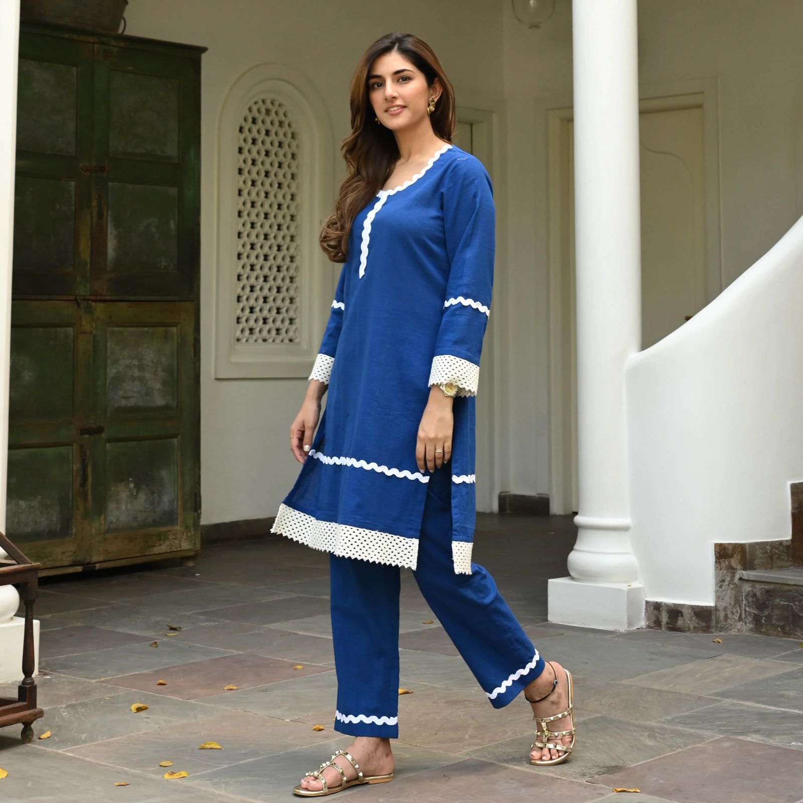 Cotton Enchant Blue Lace Kurta Set