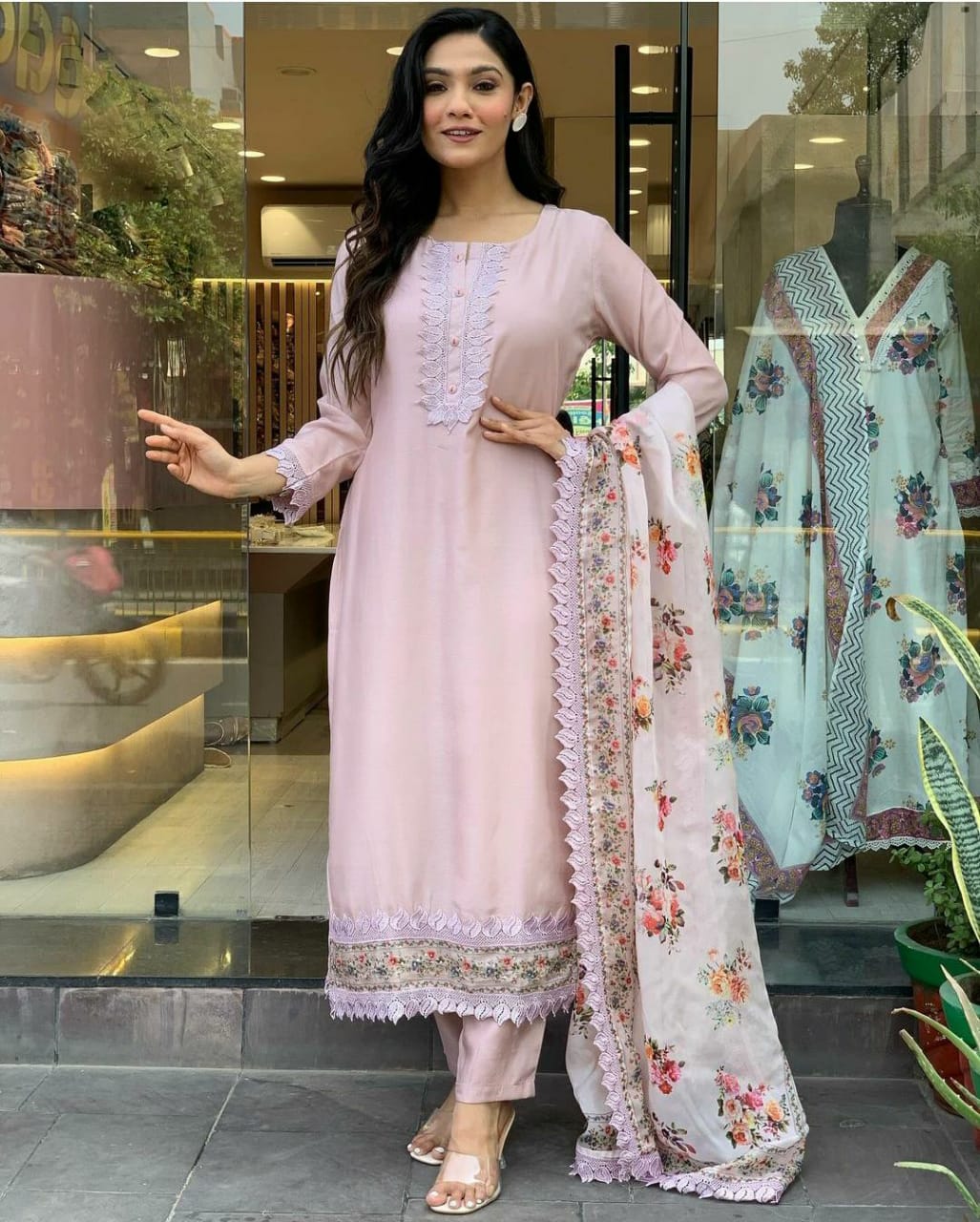 Pastel Pink Embroidered Salwar Suit with Floral Dupatta