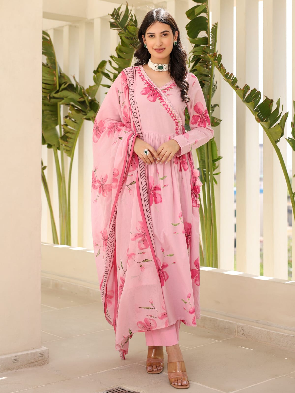 Blush Pink Floral Printed Anarkali Set with Embroidered Yoke & Dupatta
