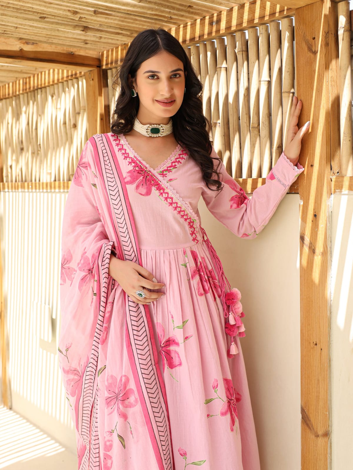 Blush Pink Floral Printed Anarkali Set with Embroidered Yoke & Dupatta