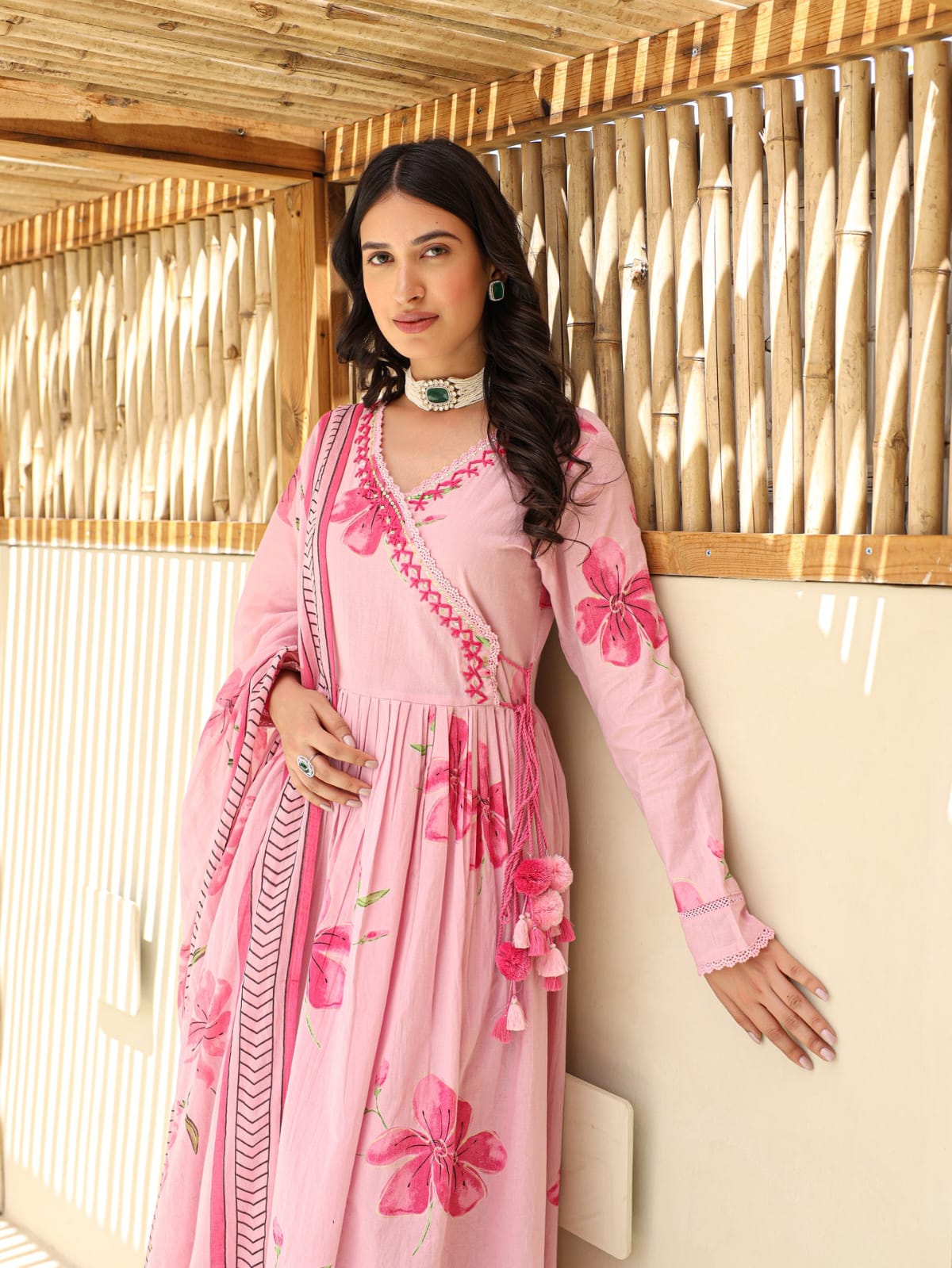 Blush Pink Floral Printed Anarkali Set with Embroidered Yoke & Dupatta
