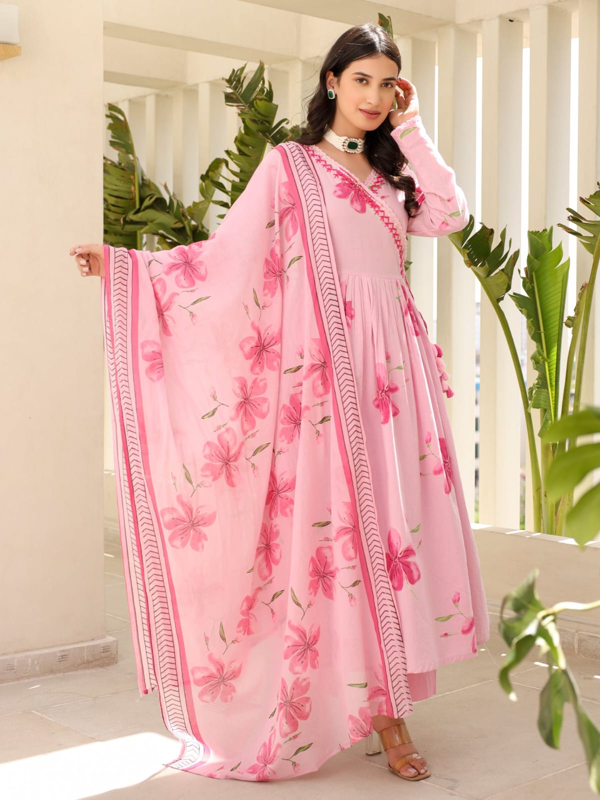 Blush Pink Floral Printed Anarkali Set with Embroidered Yoke & Dupatta