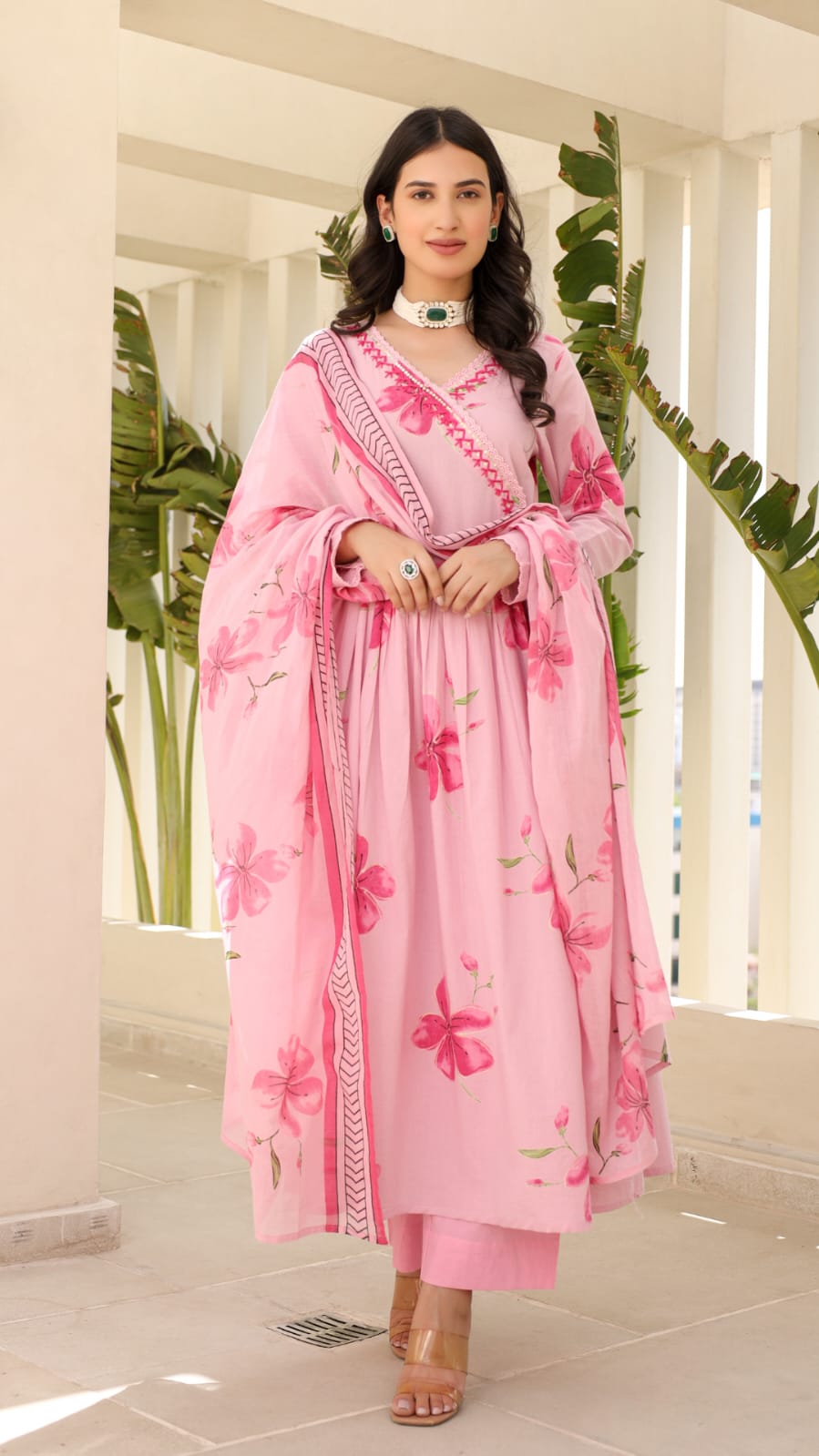 Blush Pink Floral Printed Anarkali Set with Embroidered Yoke & Dupatta