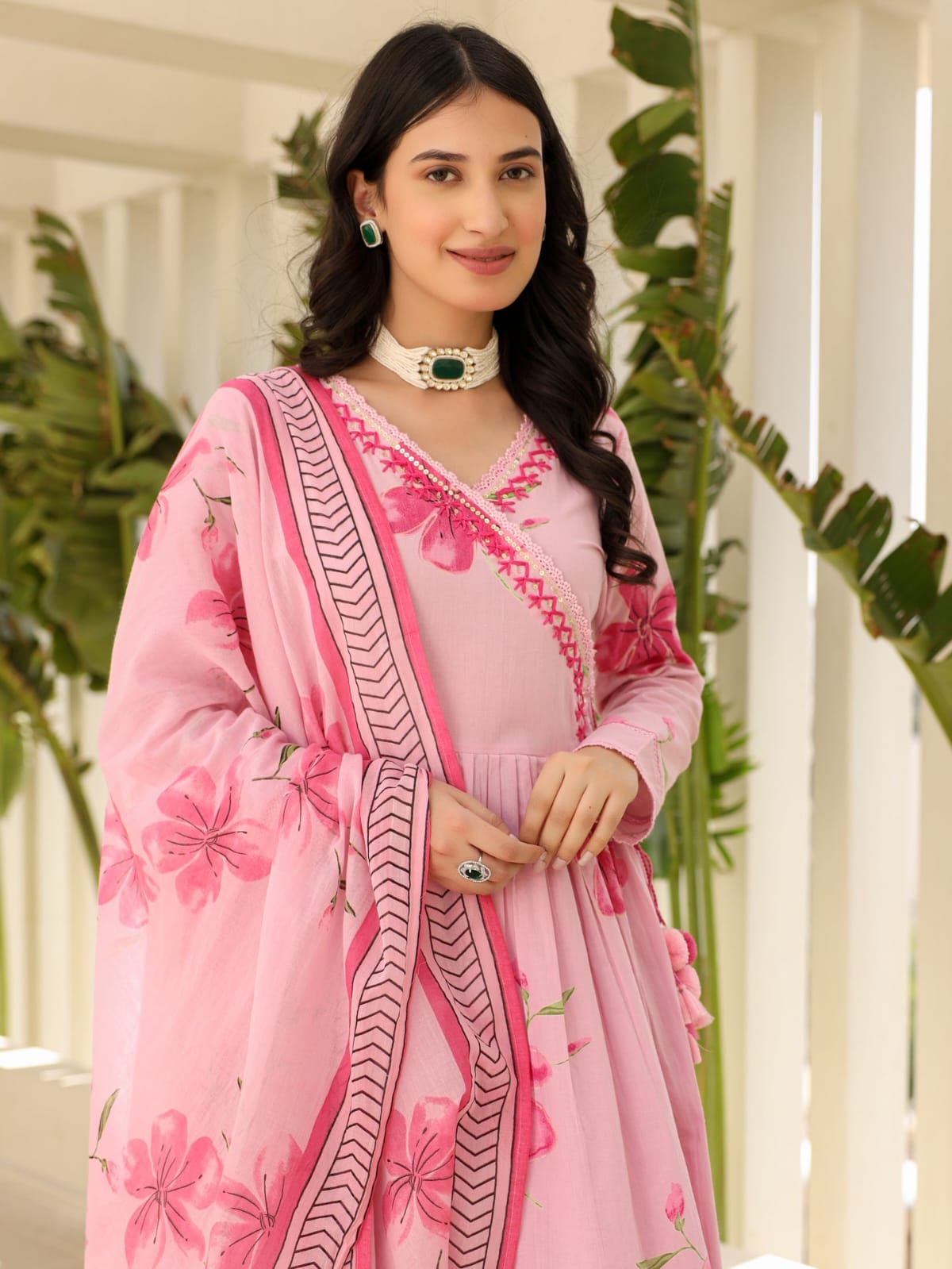 Blush Pink Floral Printed Anarkali Set with Embroidered Yoke & Dupatta