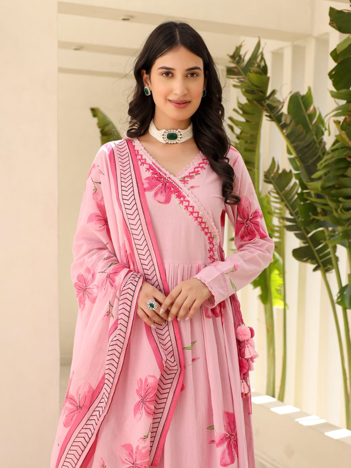 Blush Pink Floral Printed Anarkali Set with Embroidered Yoke & Dupatta