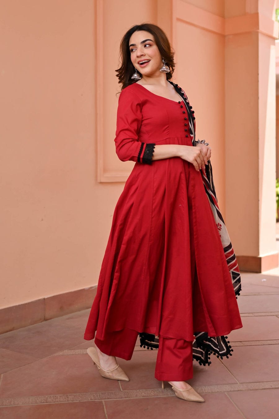 Red Anarkali Kurta with Printed Dupatta and Black Lace Detailing