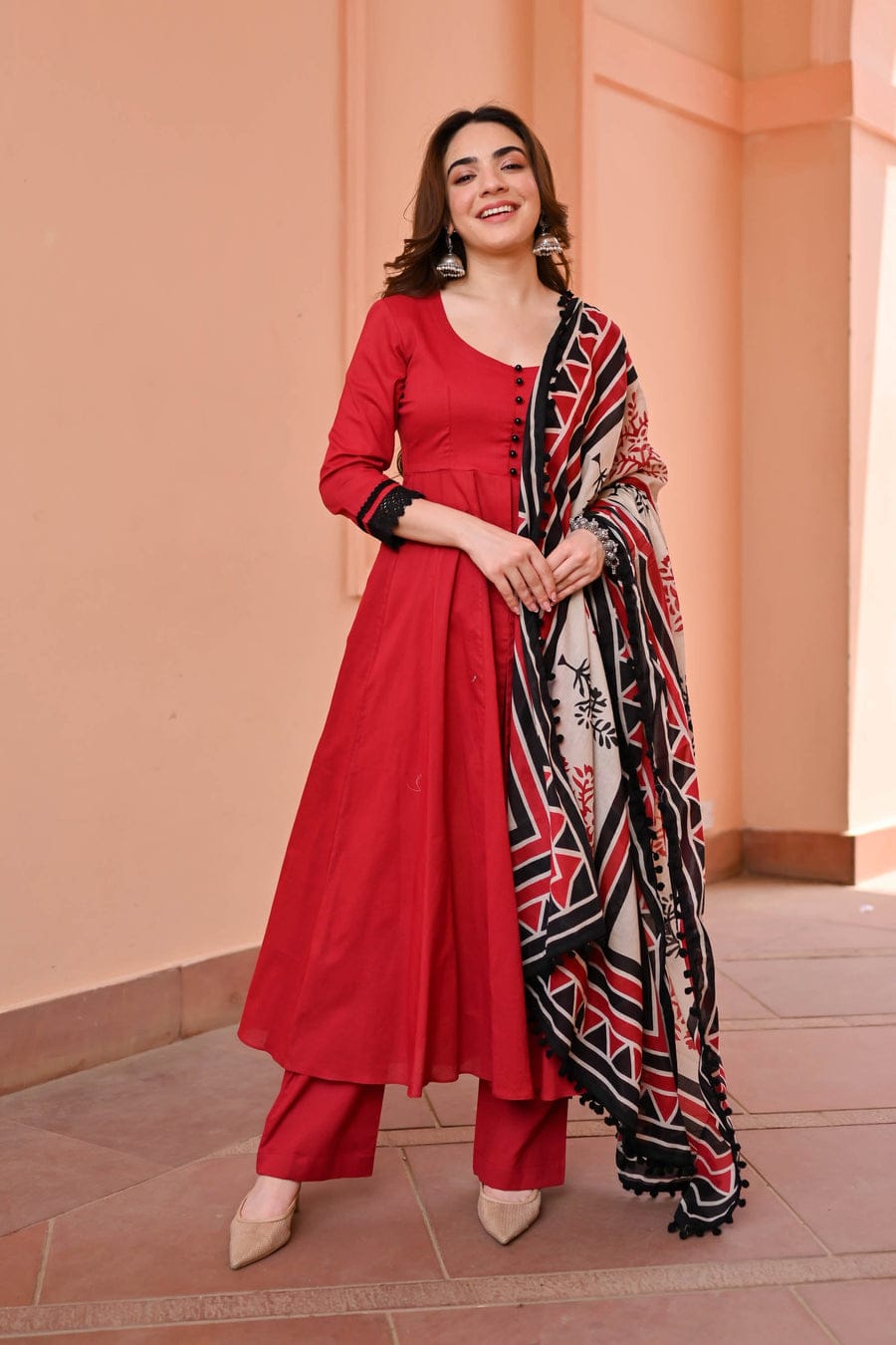 Red Anarkali Kurta with Printed Dupatta and Black Lace Detailing