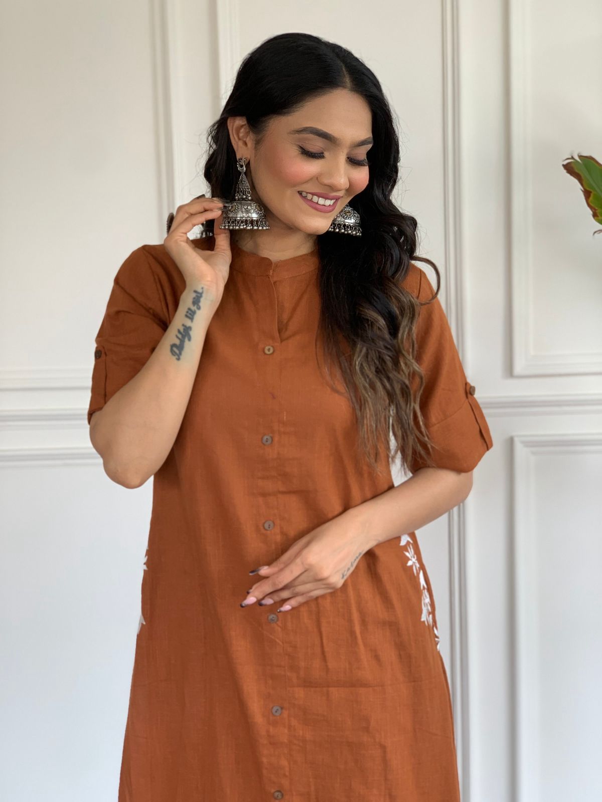 Brown Button-down kurta set with embroidered details