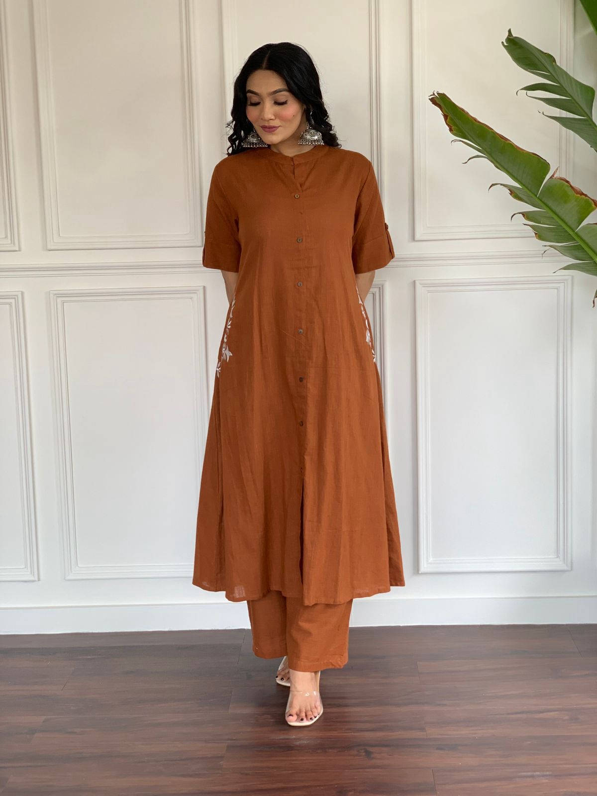Brown Button-down kurta set with embroidered details