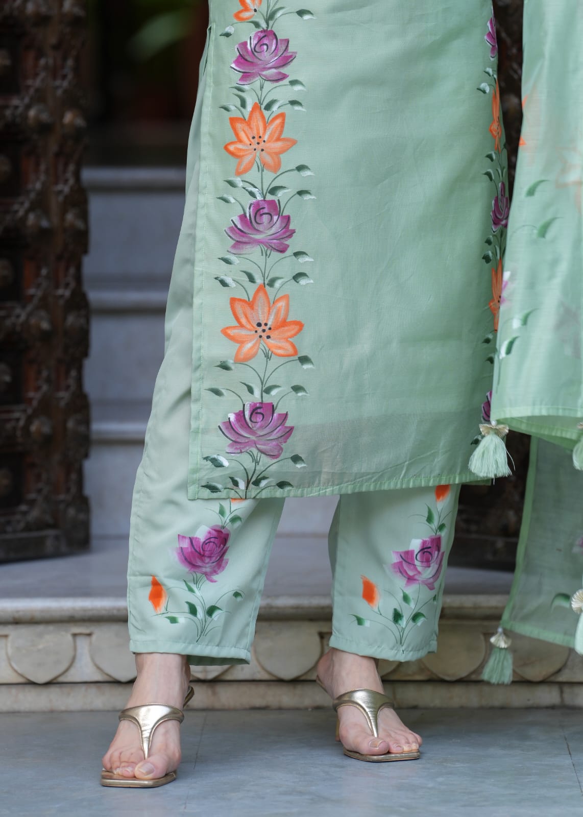 Elegant Pastel Green Chanderi Suit with Floral Brush Print Work