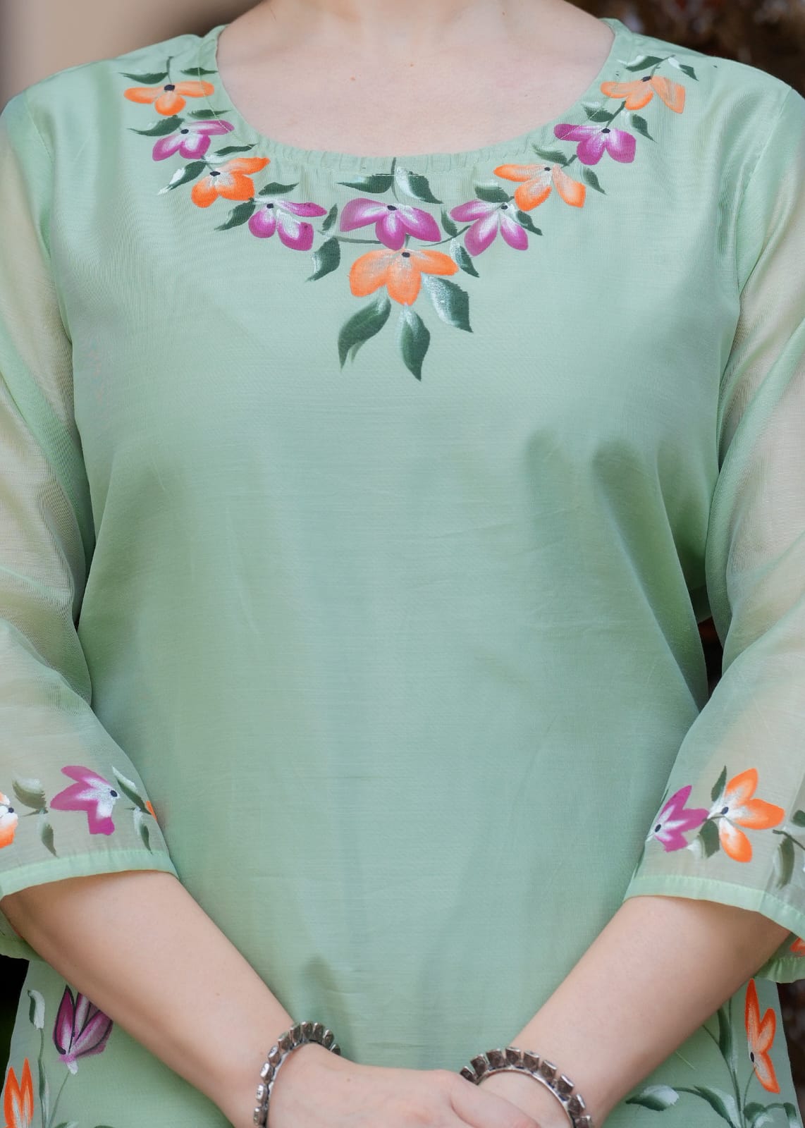 Elegant Pastel Green Chanderi Suit with Floral Brush Print Work