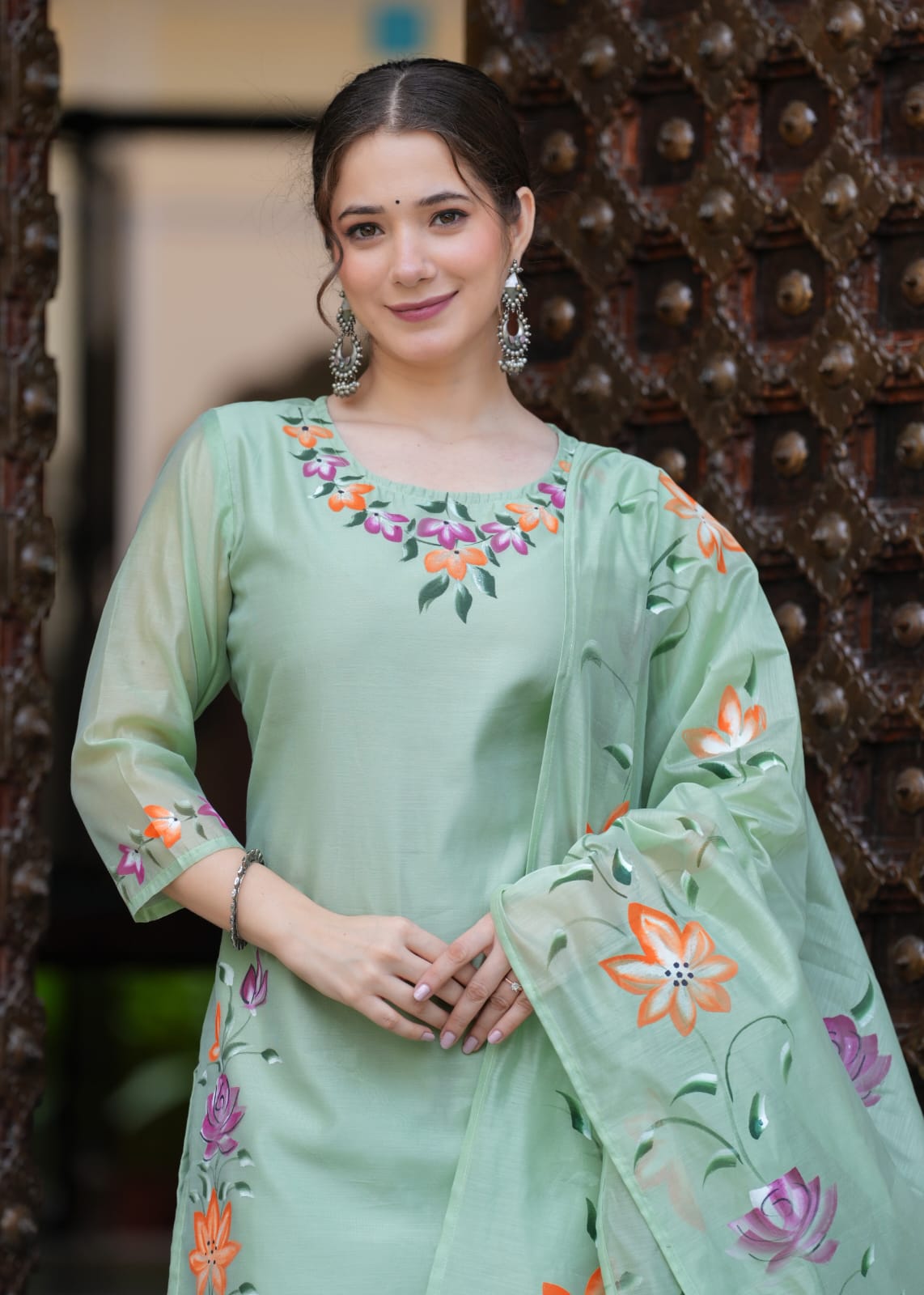 Elegant Pastel Green Chanderi Suit with Floral Brush Print Work