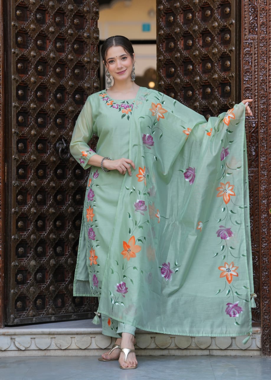 Elegant Pastel Green Chanderi Suit with Floral Brush Print Work