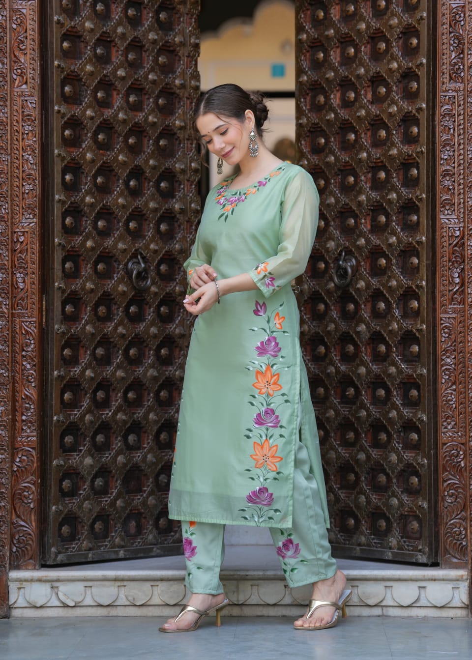 Elegant Pastel Green Chanderi Suit with Floral Brush Print Work