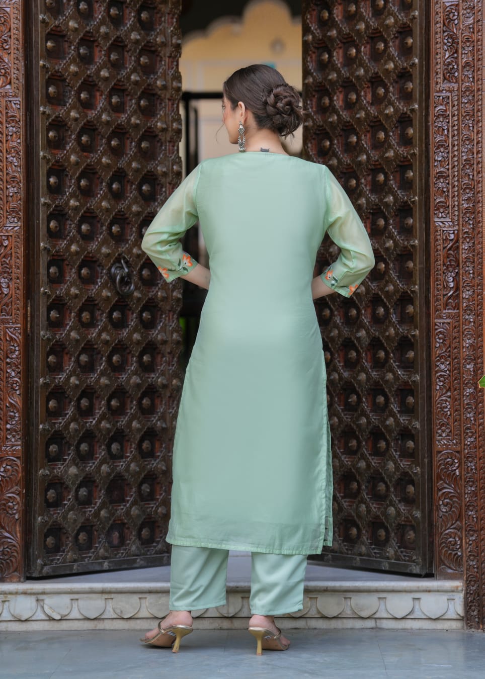 Elegant Pastel Green Chanderi Suit with Floral Brush Print Work