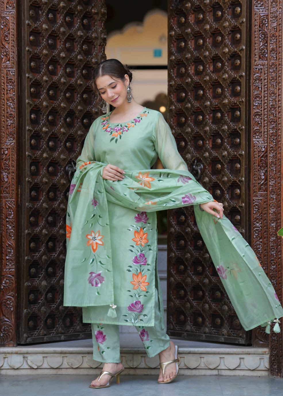 Elegant Pastel Green Chanderi Suit with Floral Brush Print Work