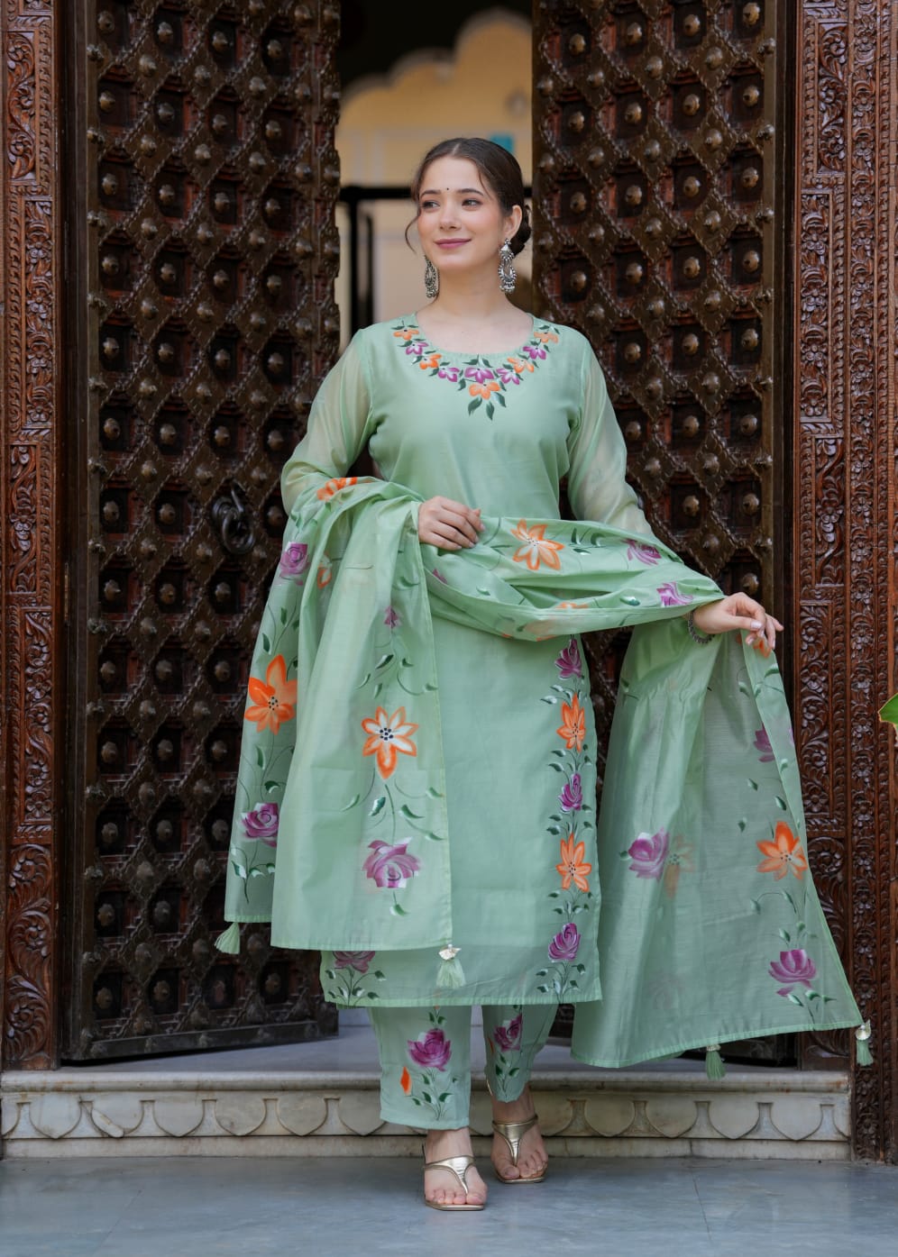 Elegant Pastel Green Chanderi Suit with Floral Brush Print Work