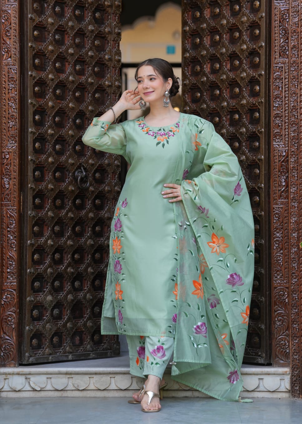 Elegant Pastel Green Chanderi Suit with Floral Brush Print Work