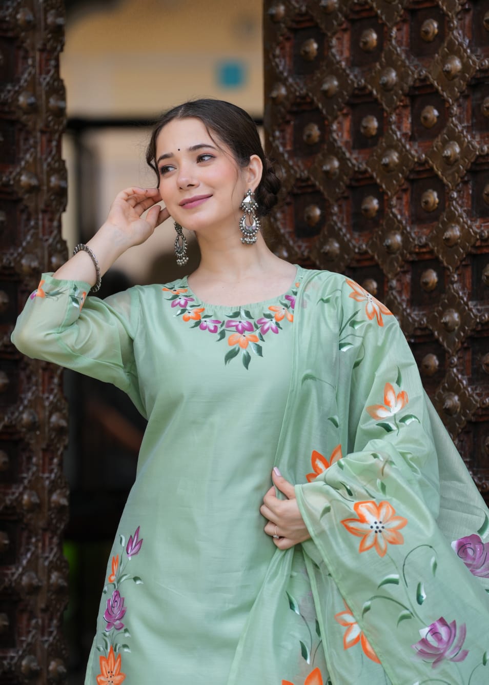 Elegant Pastel Green Chanderi Suit with Floral Brush Print Work