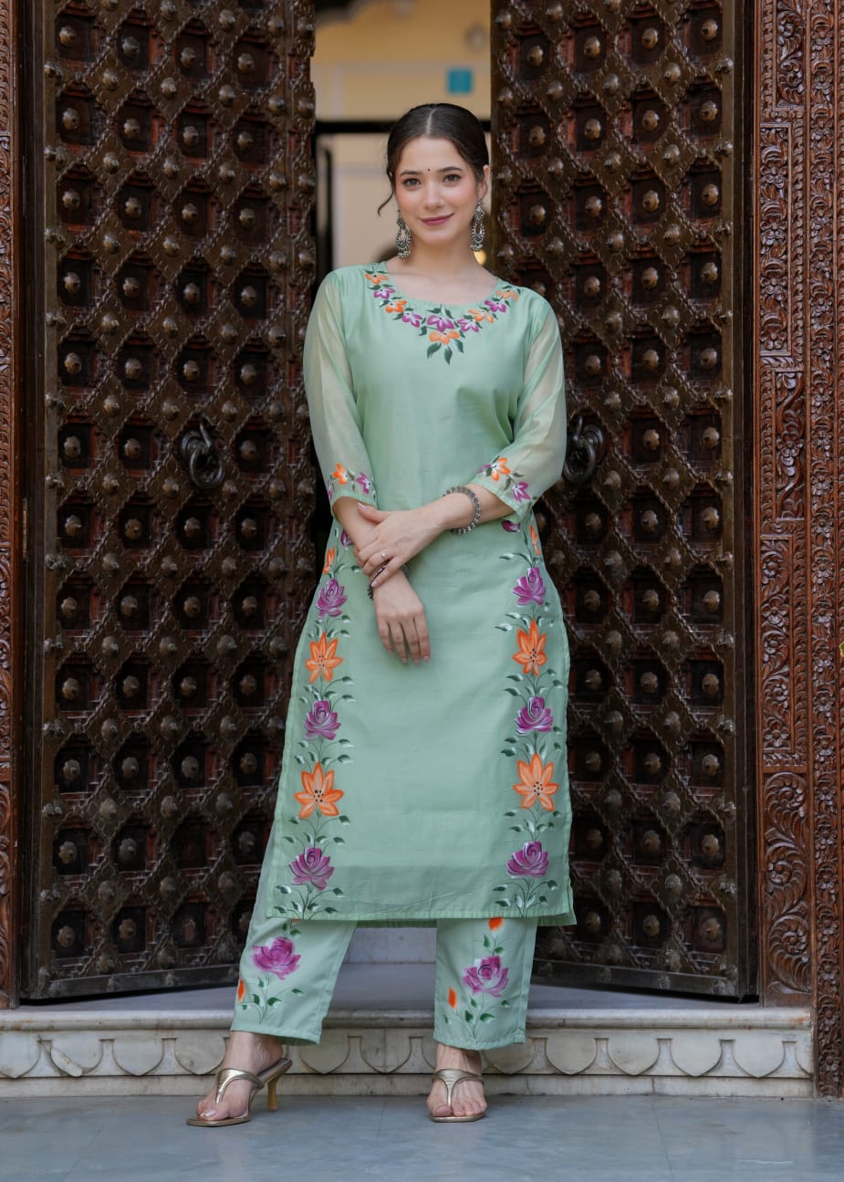 Elegant Pastel Green Chanderi Suit with Floral Brush Print Work