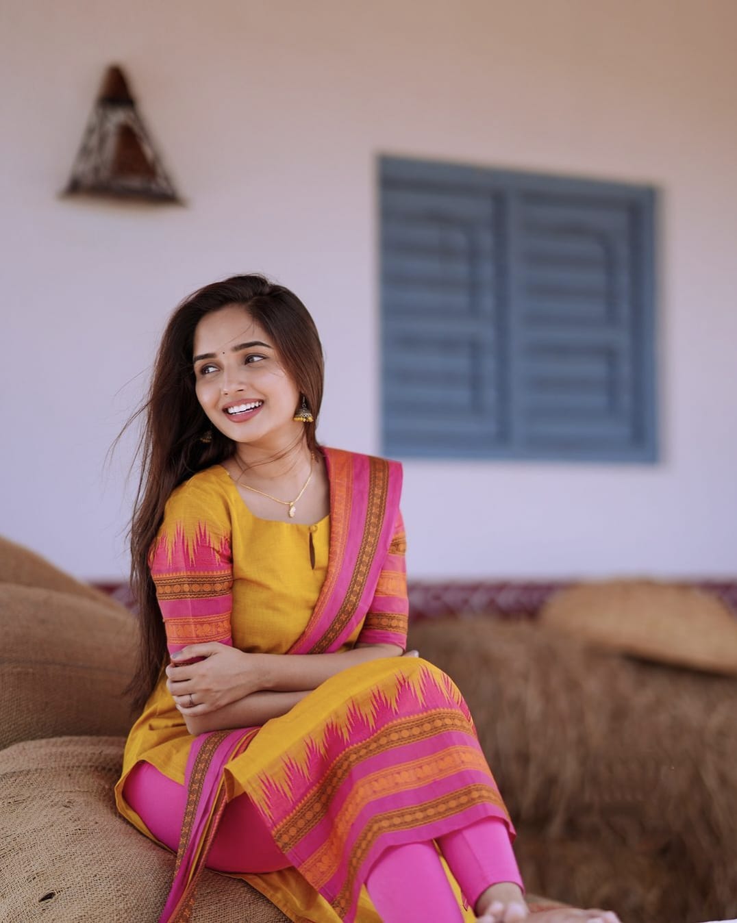 Yellow and pink Kanchi Cotton Kurti set with contrast dupatta