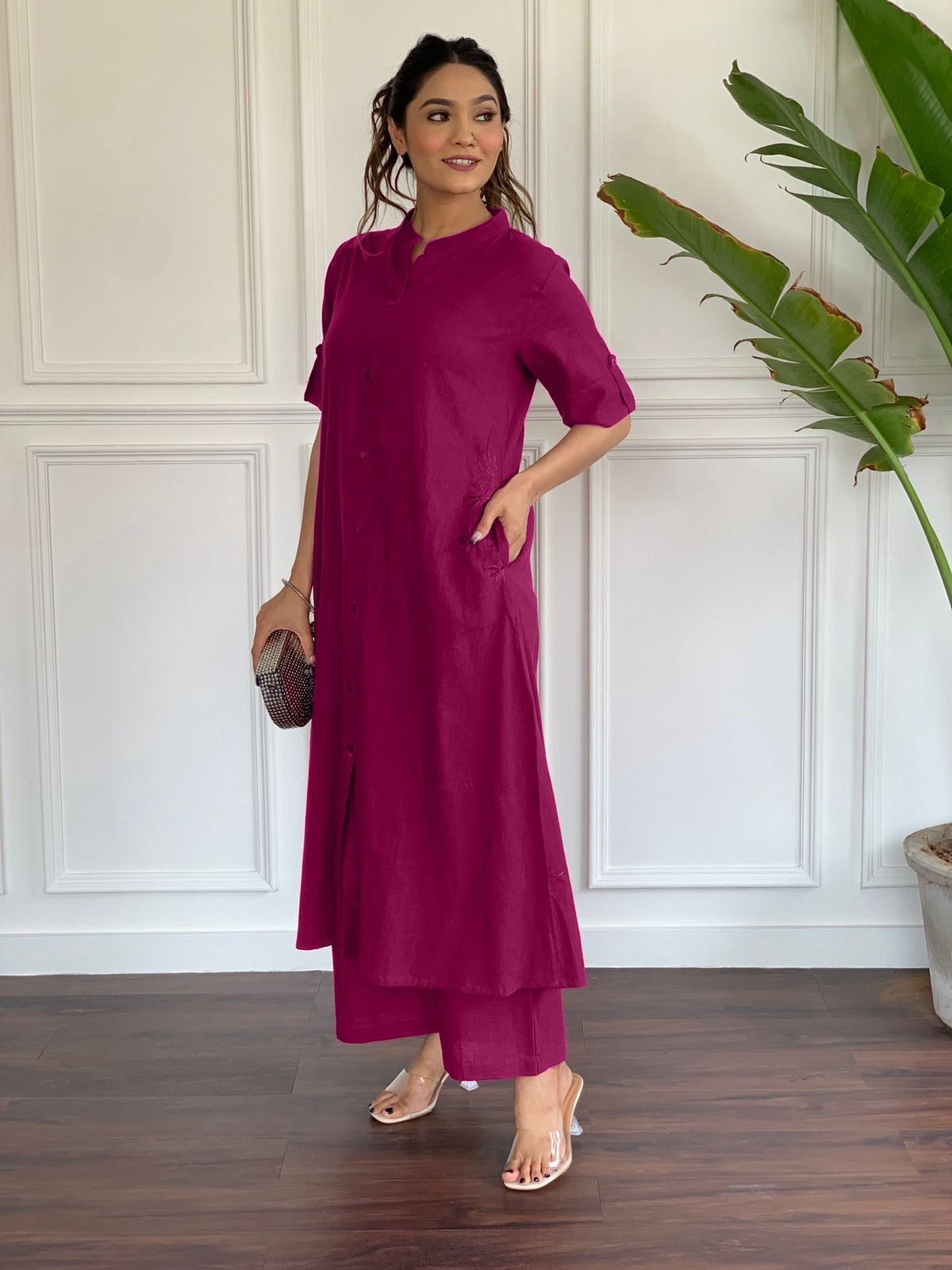 Magenta Button-down kurta set with embroidered details