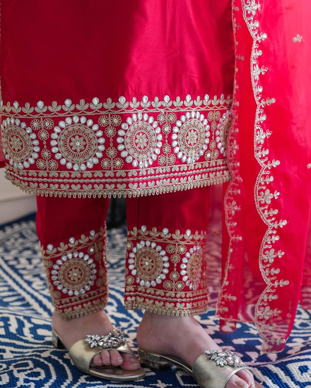 Red Silk Embroidered Kurta Set with Dupatta