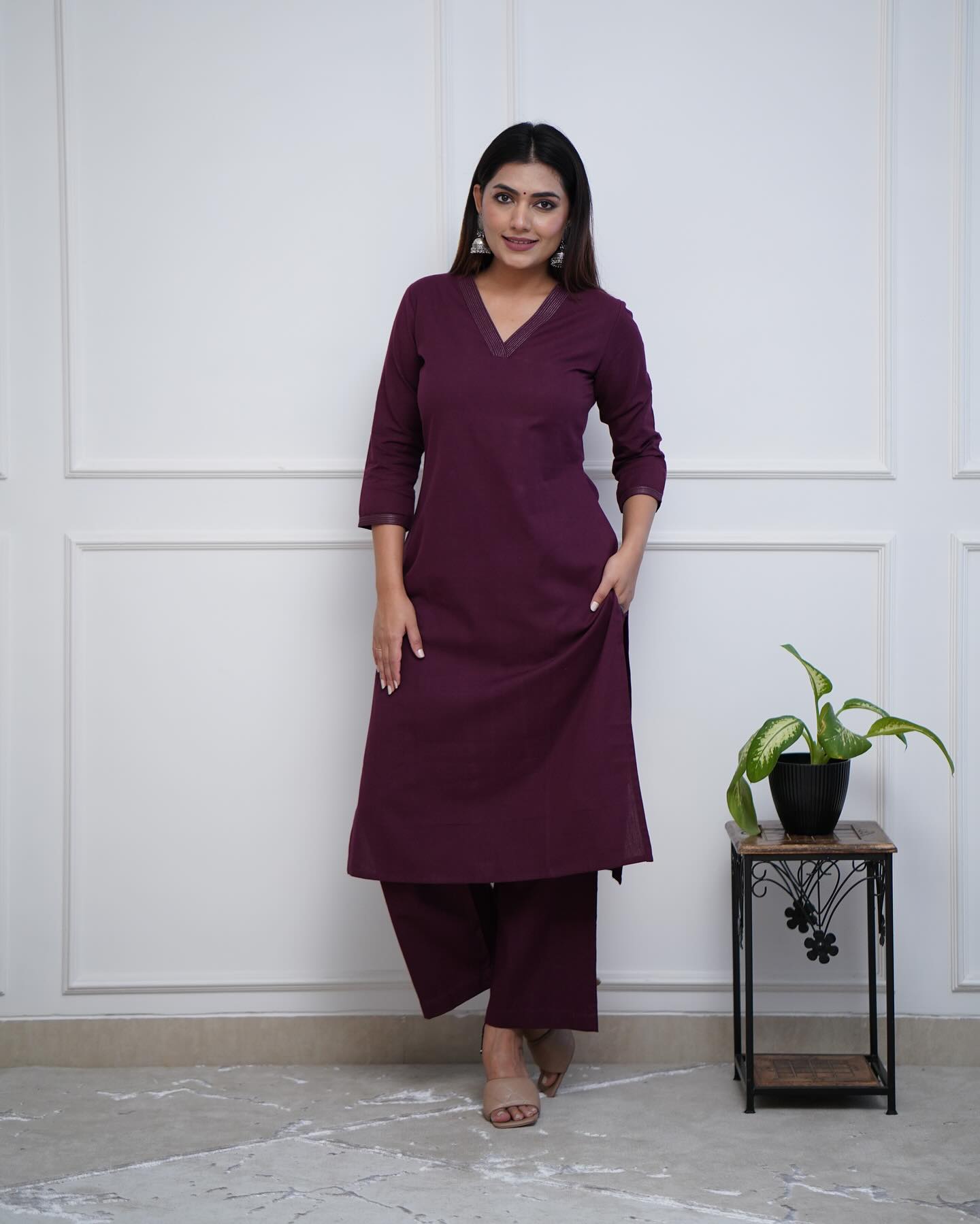 Wine Kurta Set with V-Neck Design
