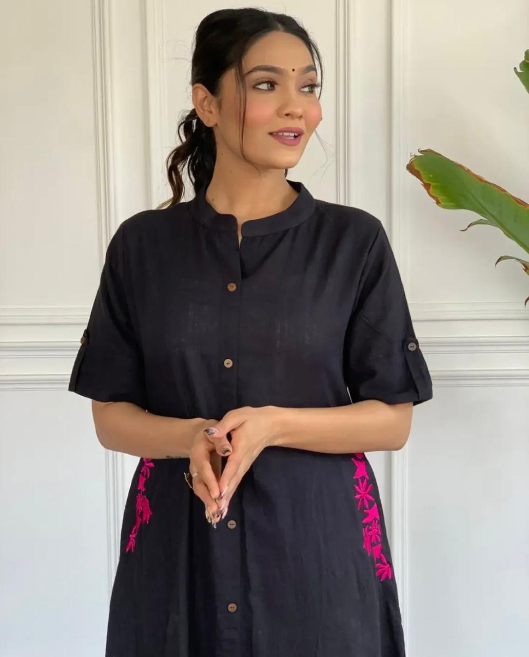 Black Button-down kurta set with embroidered details
