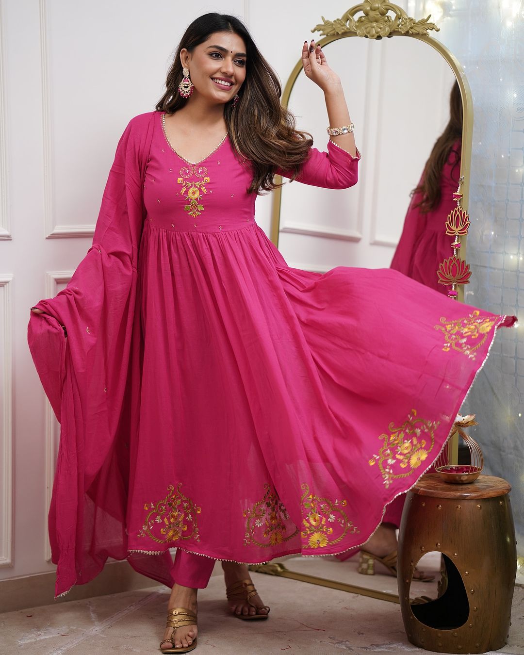 Pink Ethnic Anarkali Kurta with Gold Embroidery Design