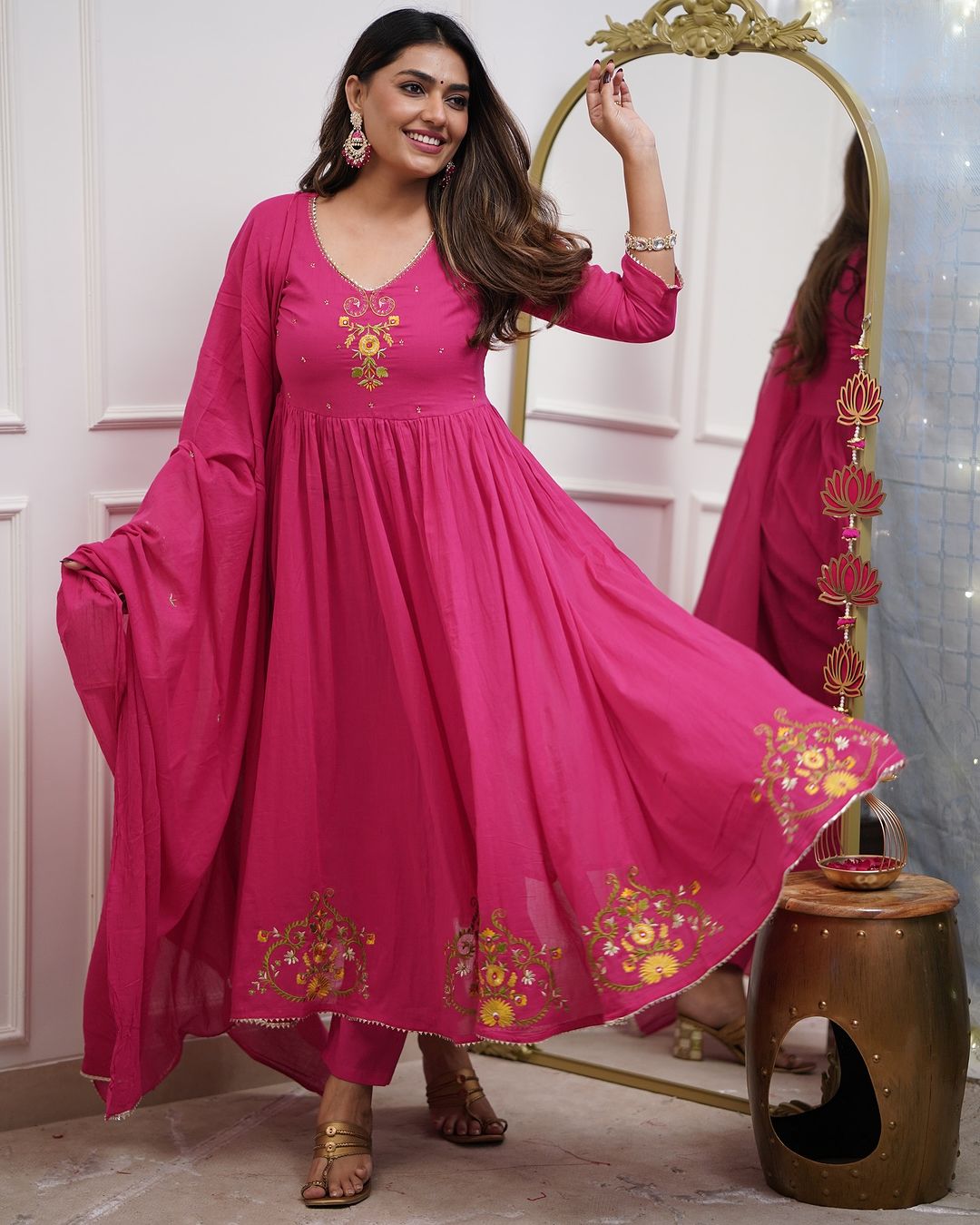 Pink Ethnic Anarkali Kurta with Gold Embroidery Design