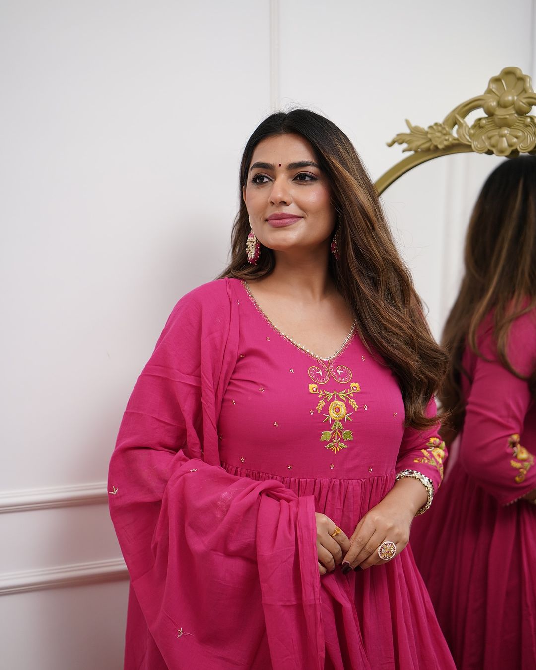 Pink Ethnic Anarkali Kurta with Gold Embroidery Design
