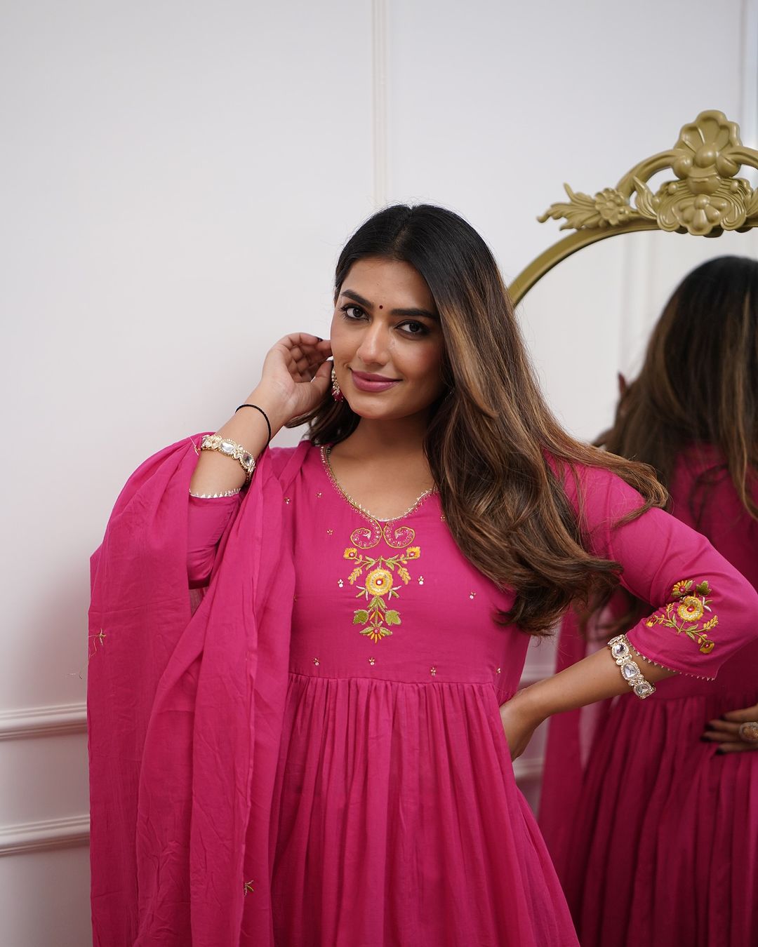 Pink Ethnic Anarkali Kurta with Gold Embroidery Design