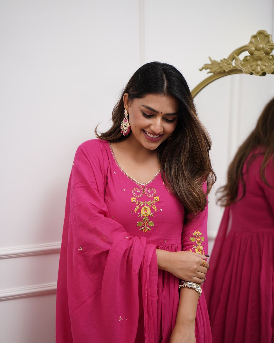 Pink Ethnic Anarkali Kurta with Gold Embroidery Design