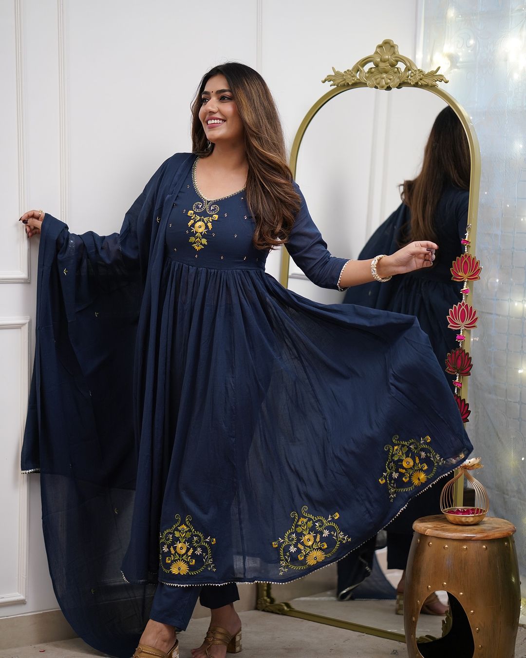 Navy Blue Ethnic Anarkali Kurta with Gold Embroidery Design