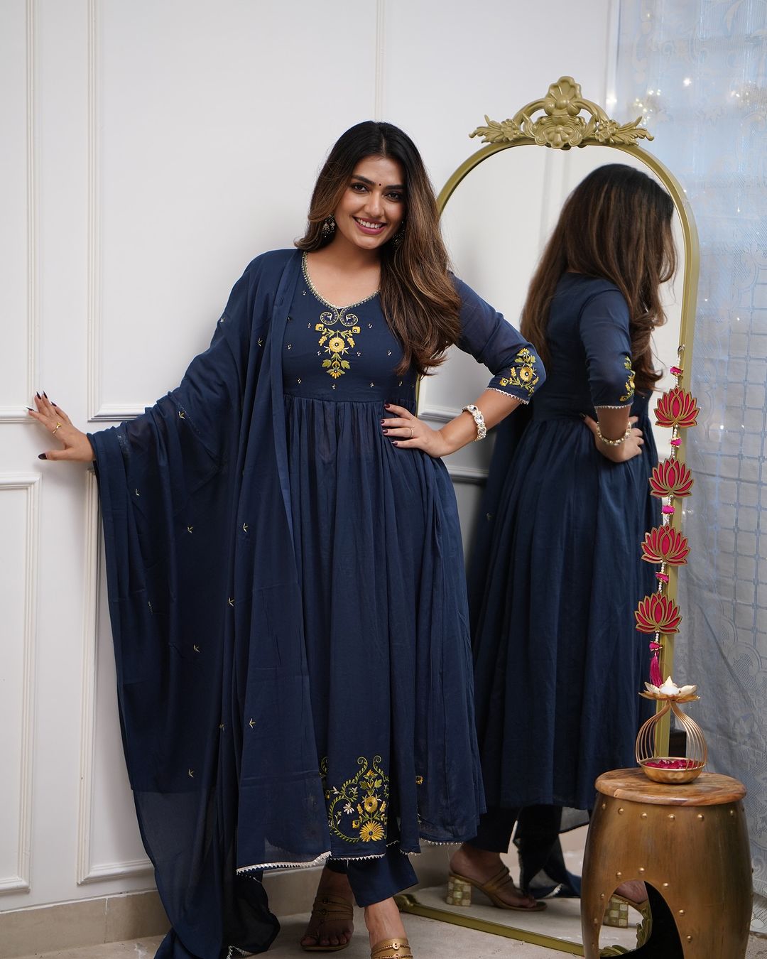 Navy Blue Ethnic Anarkali Kurta with Gold Embroidery Design