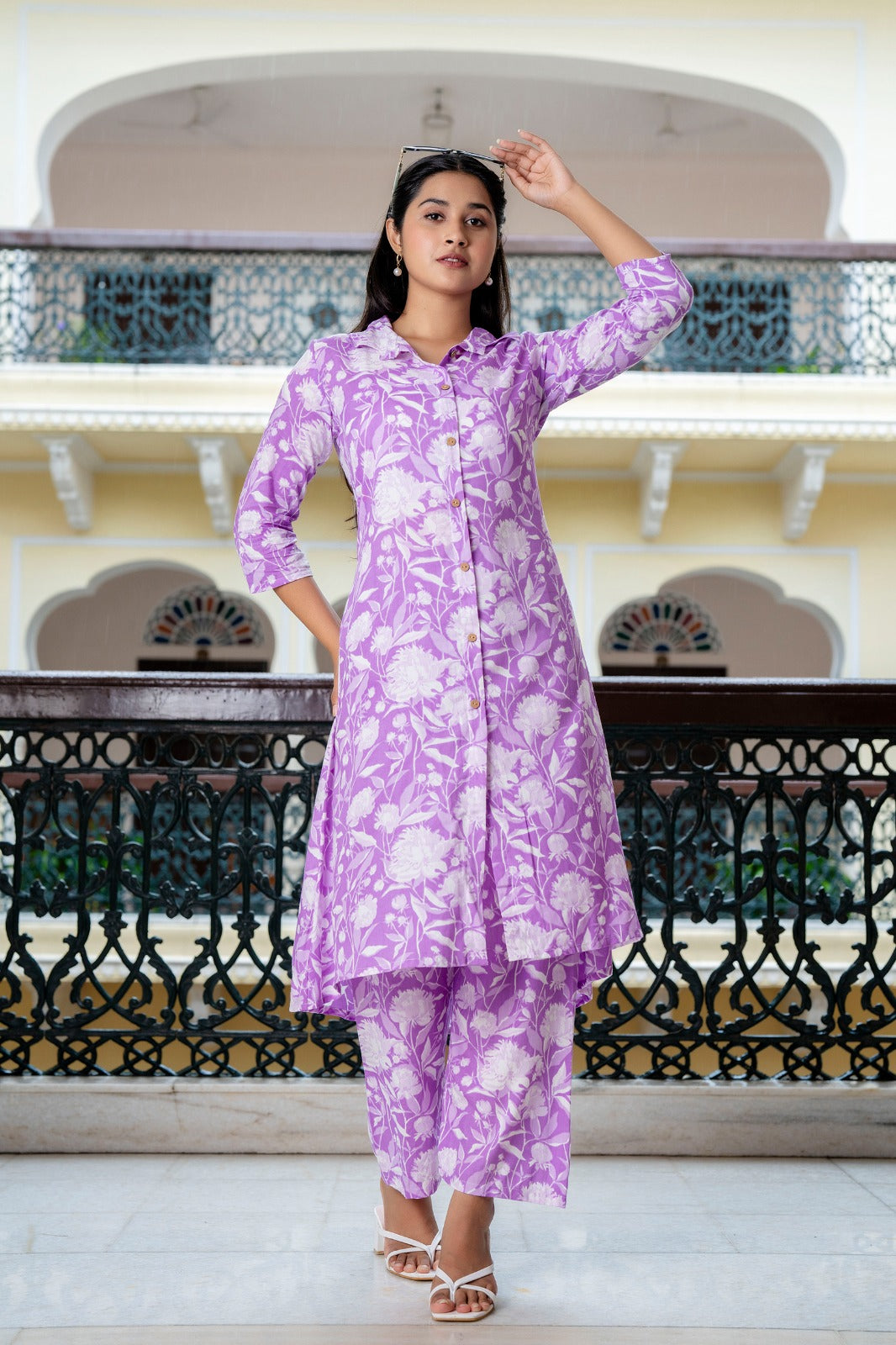 Lavender Floral-Printed Co-Ord Set with Matching Pants