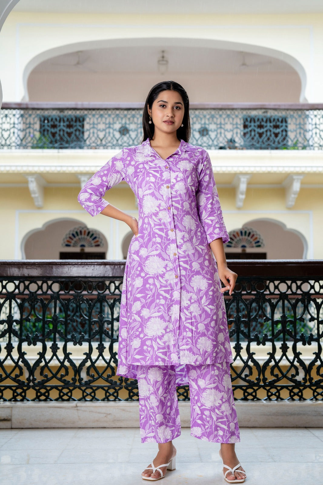 Lavender Floral-Printed Co-Ord Set with Matching Pants