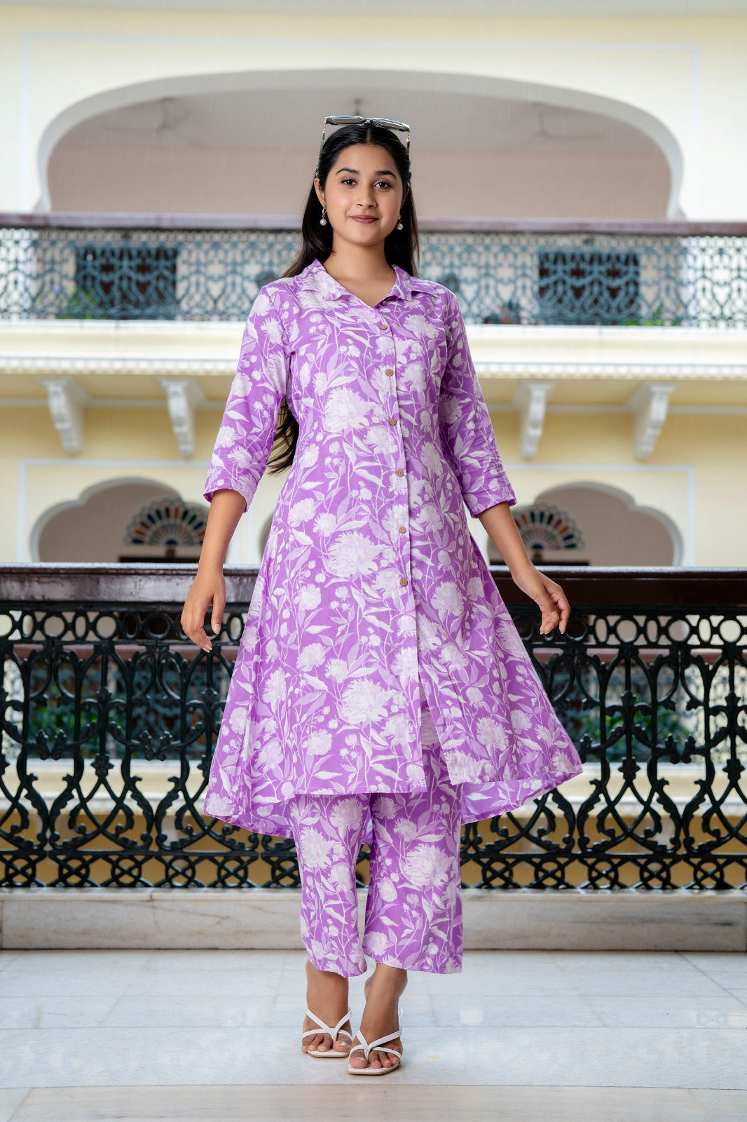 Lavender Floral-Printed Co-Ord Set with Matching Pants