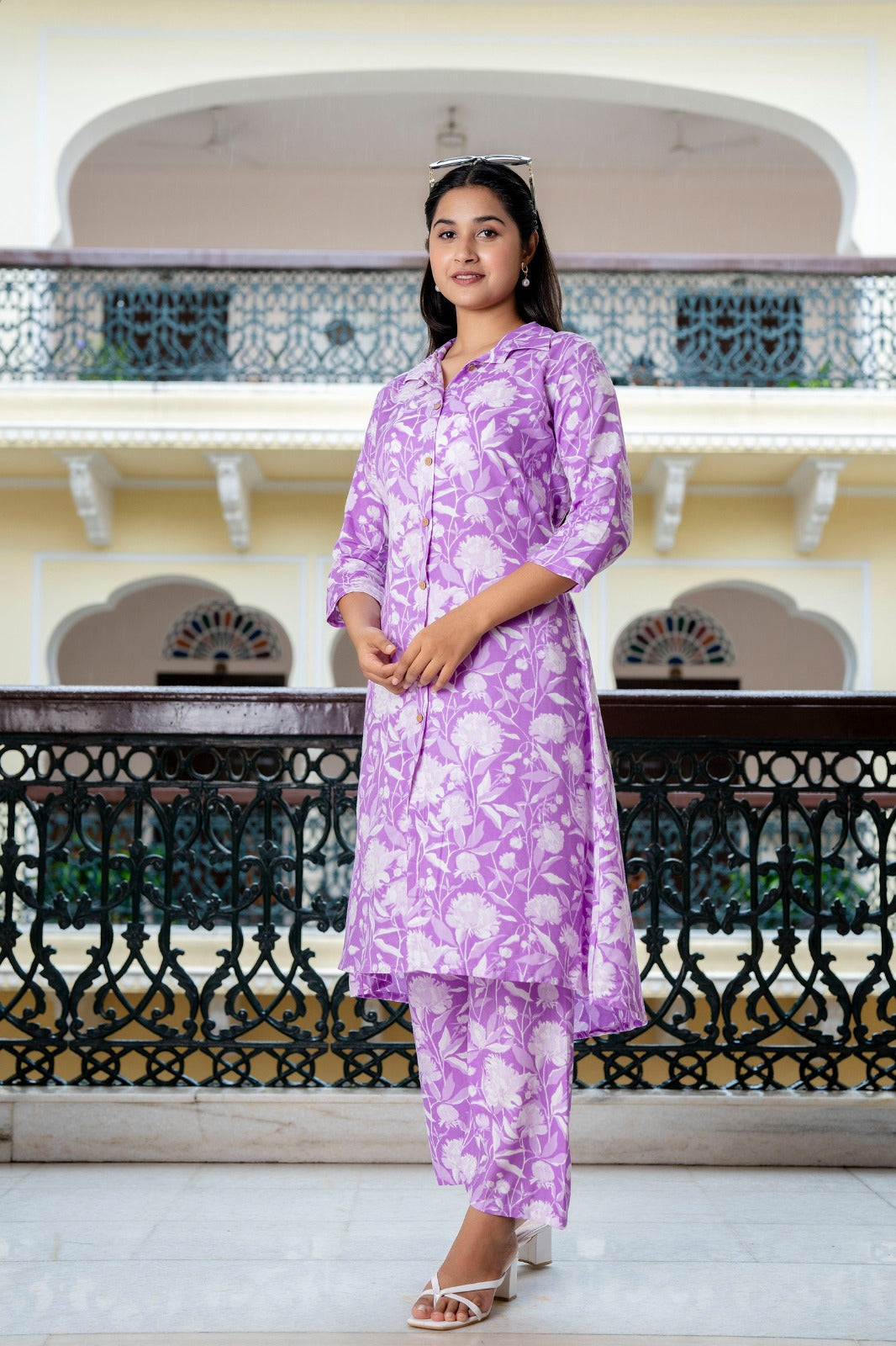 Lavender Floral-Printed Co-Ord Set with Matching Pants