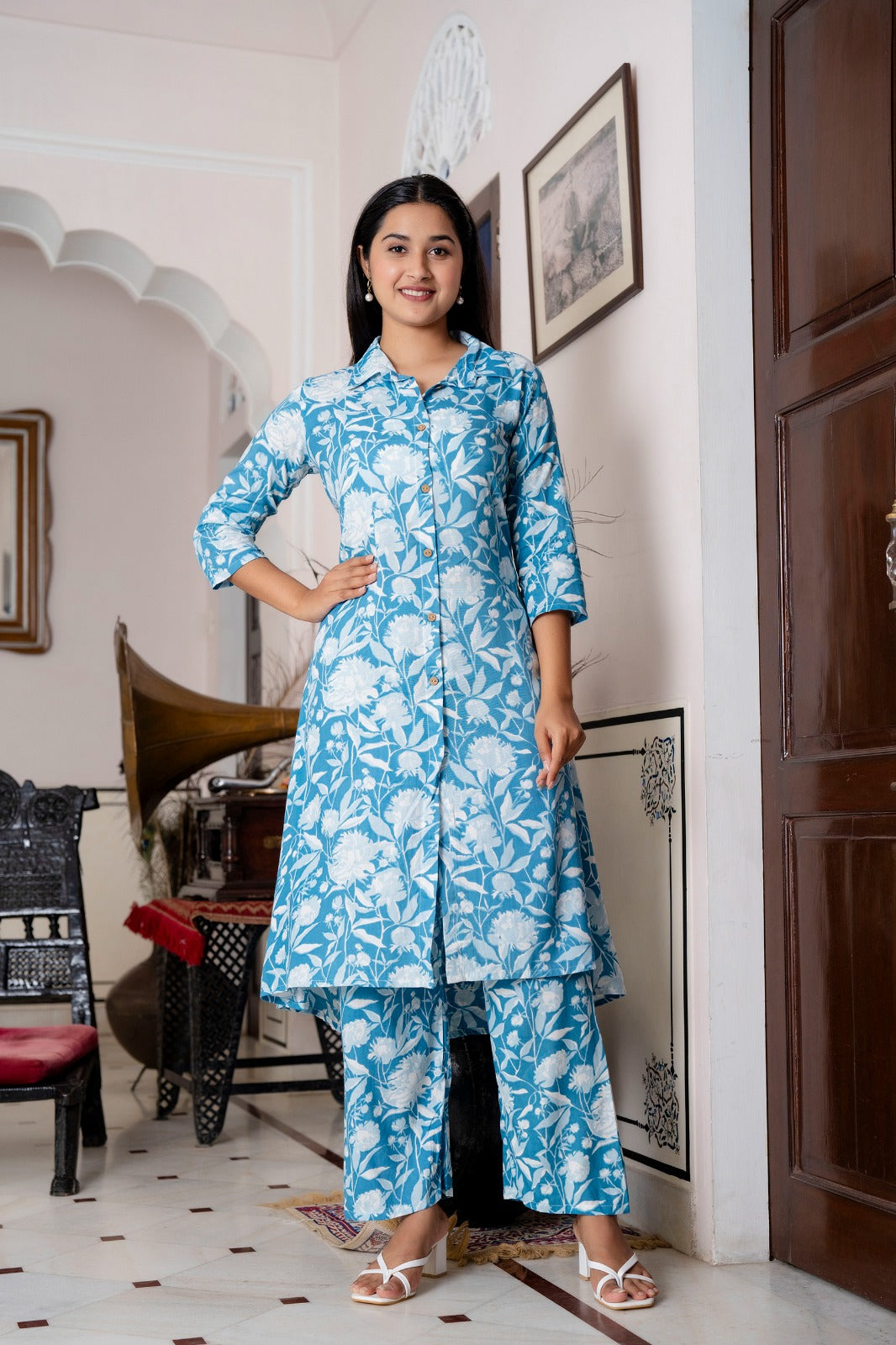 Sky Blue Floral-Printed Co-Ord Set with Matching Pants