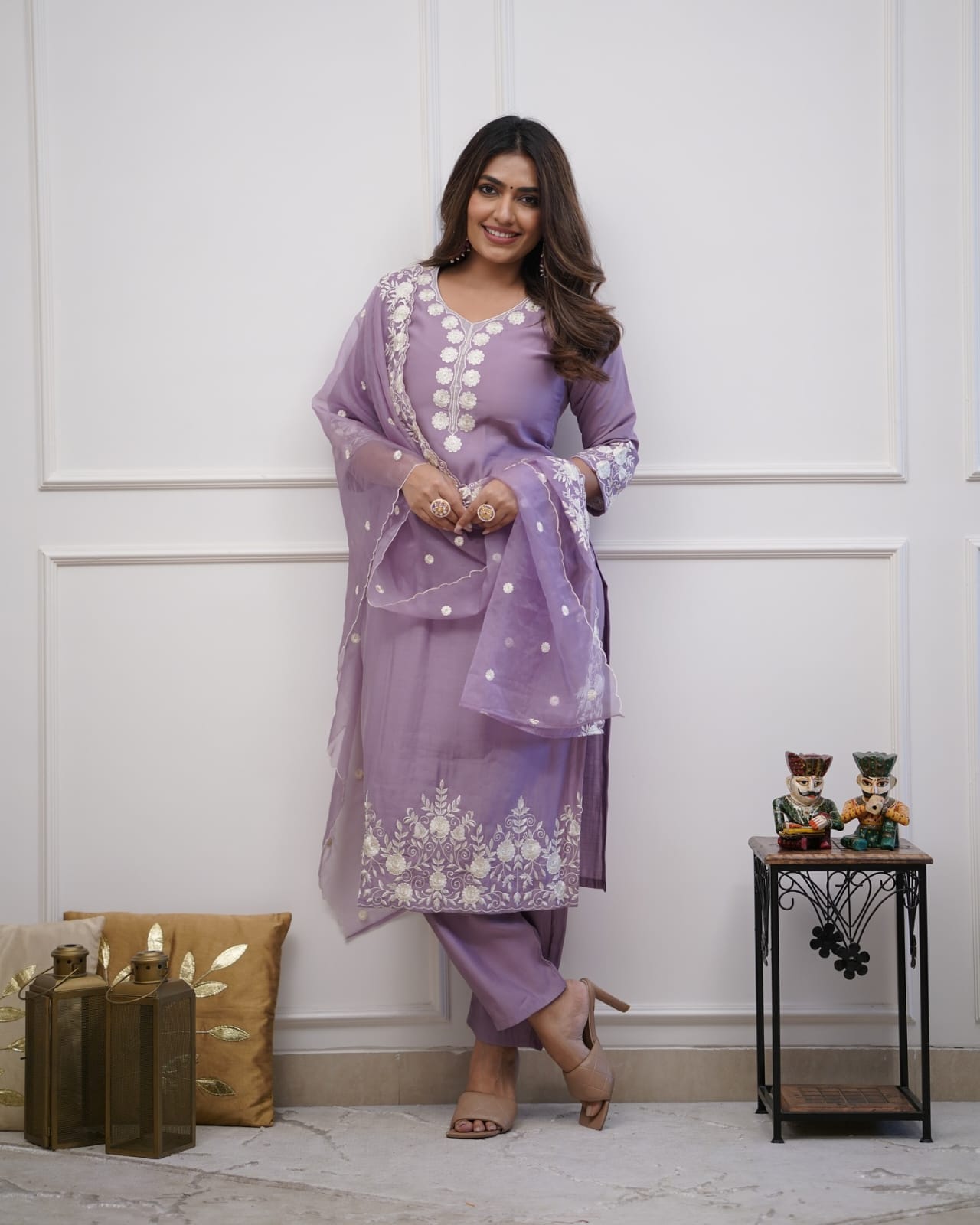 Lavender Cotton Embroidery Dupatta Set