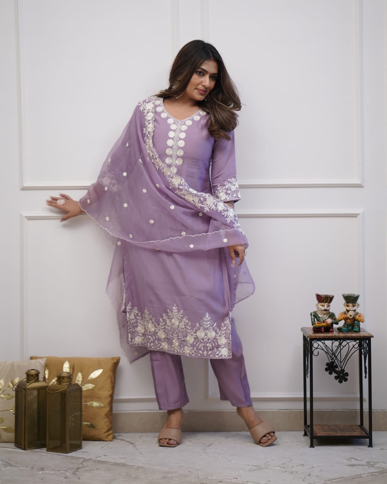 Lavender Cotton Embroidery Dupatta Set