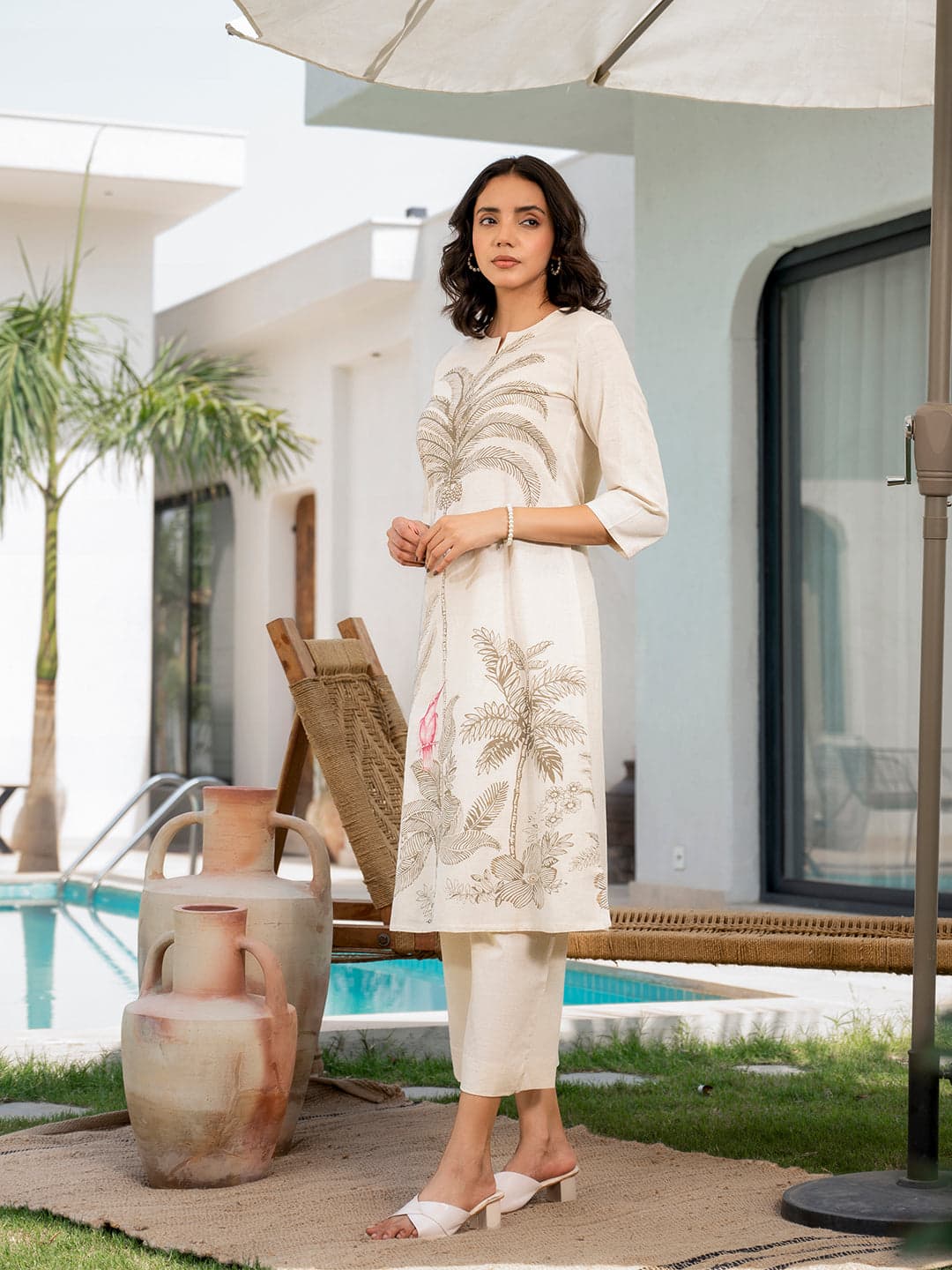 Cream Palm Printed Cotton Kurta Set