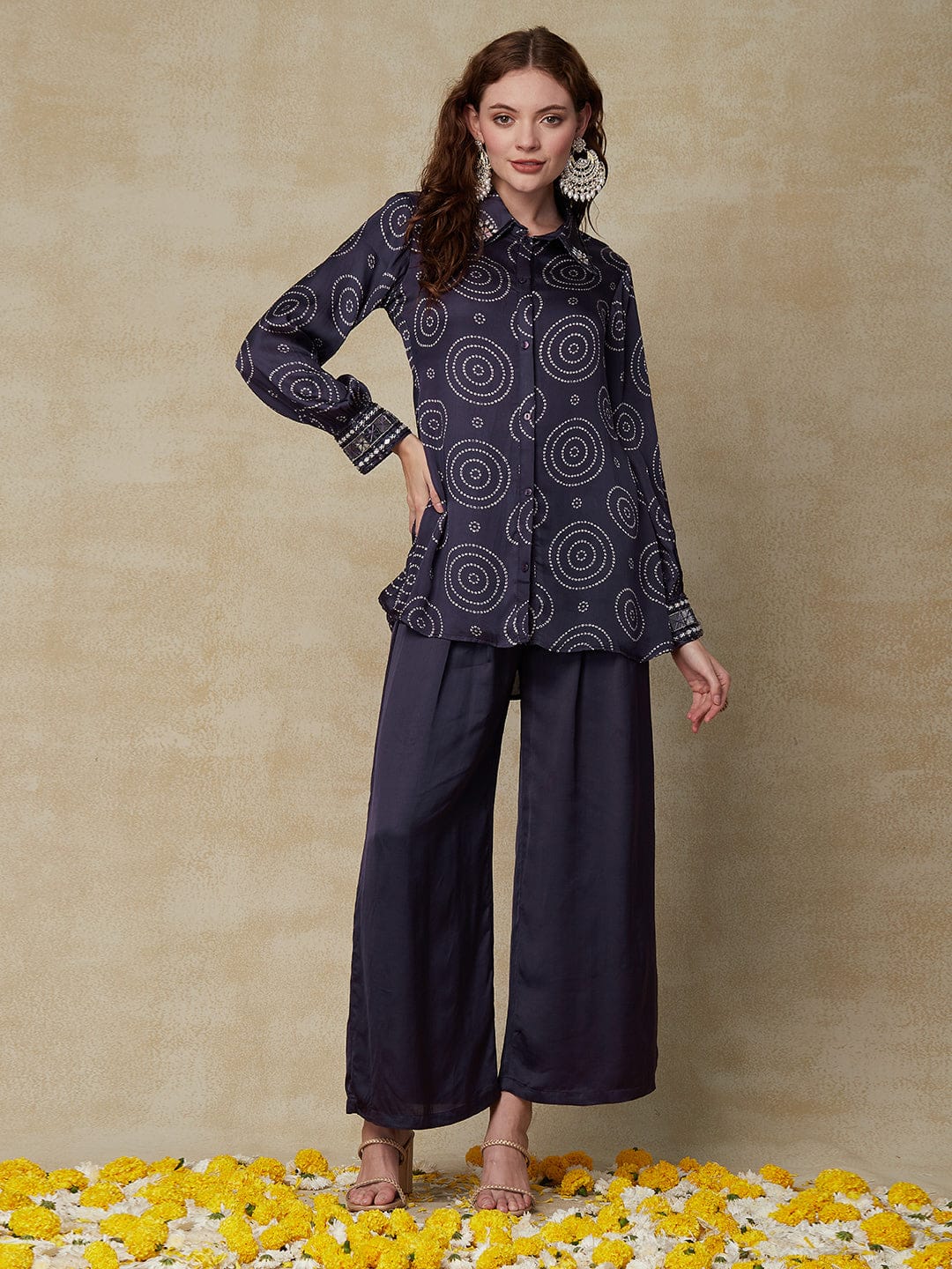 Navy Blue Printed Co-Ord Set with Mirror Work Detailing