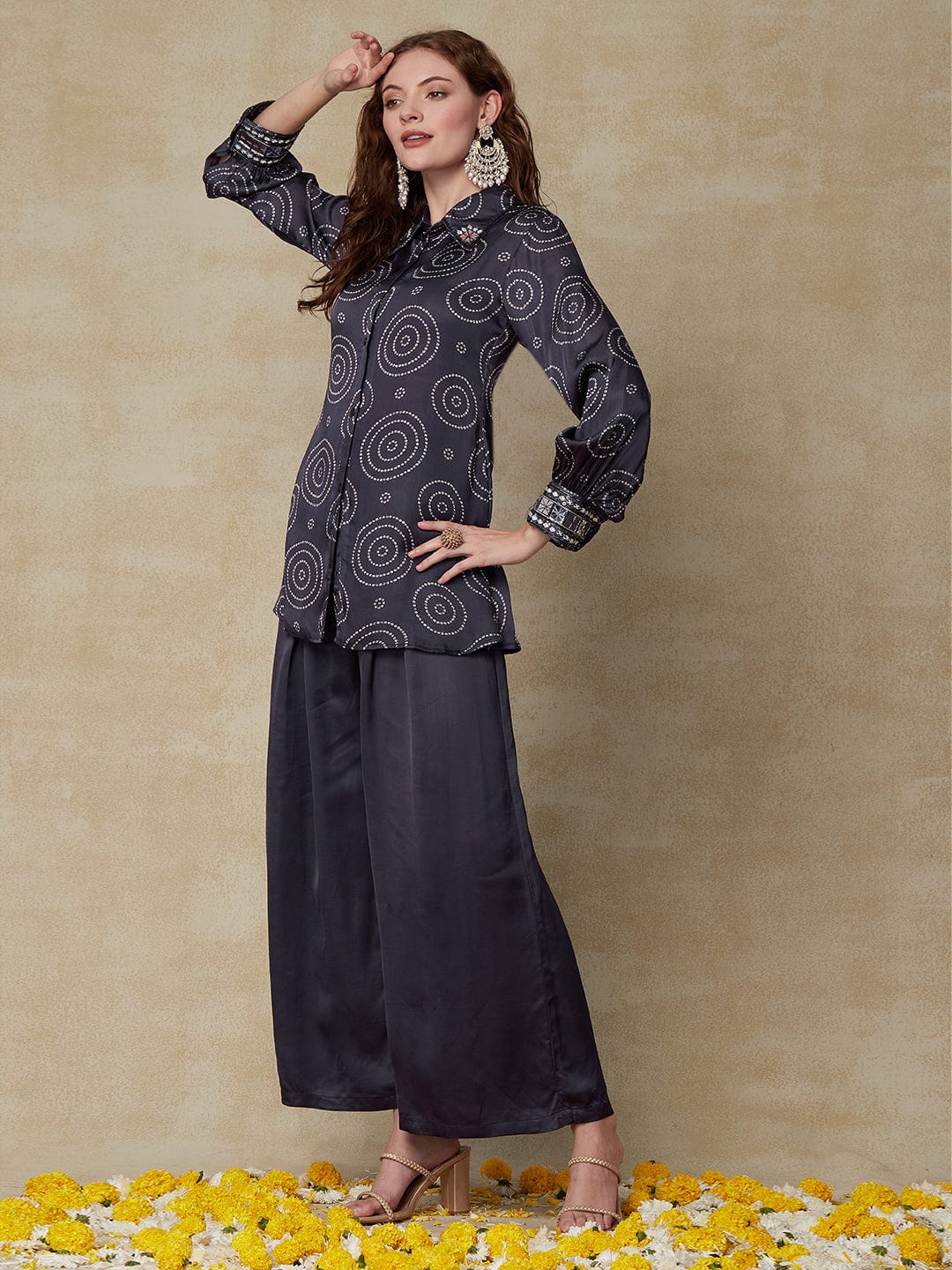 Navy Blue Printed Co-Ord Set with Mirror Work Detailing