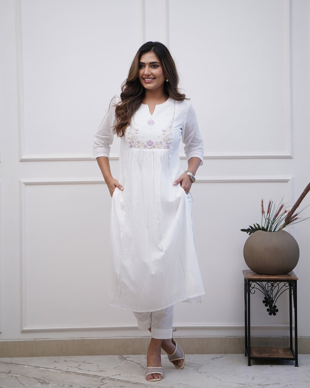 Elegant White Cotton Embroidered Kurti Set